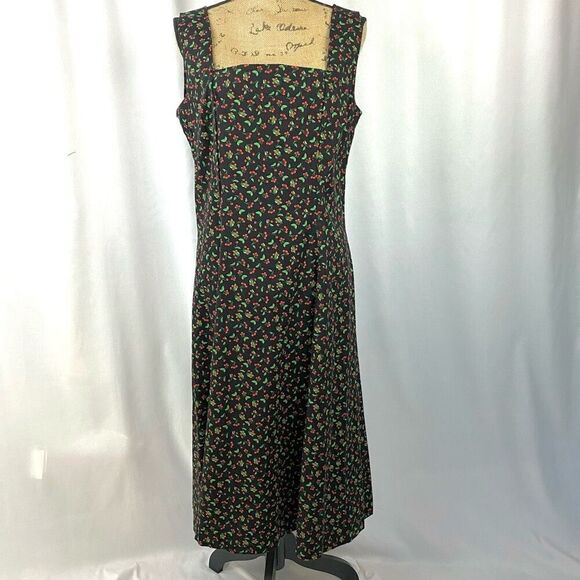 Vintage Cherry Print Dress Square Neck Midi Length Pin-Up Custom Made Women’s L - Picture 1 of 16